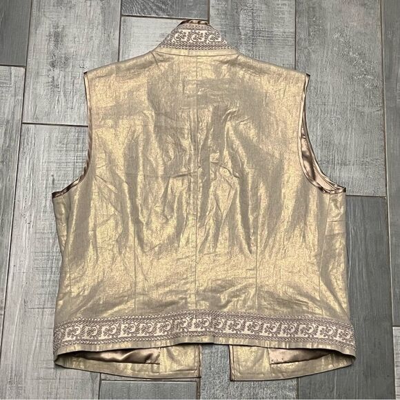 Peter Nygard Boho Gold Linen Blend Mandarin Collar Embellished Open Waist Vest M - Picture 12 of 14